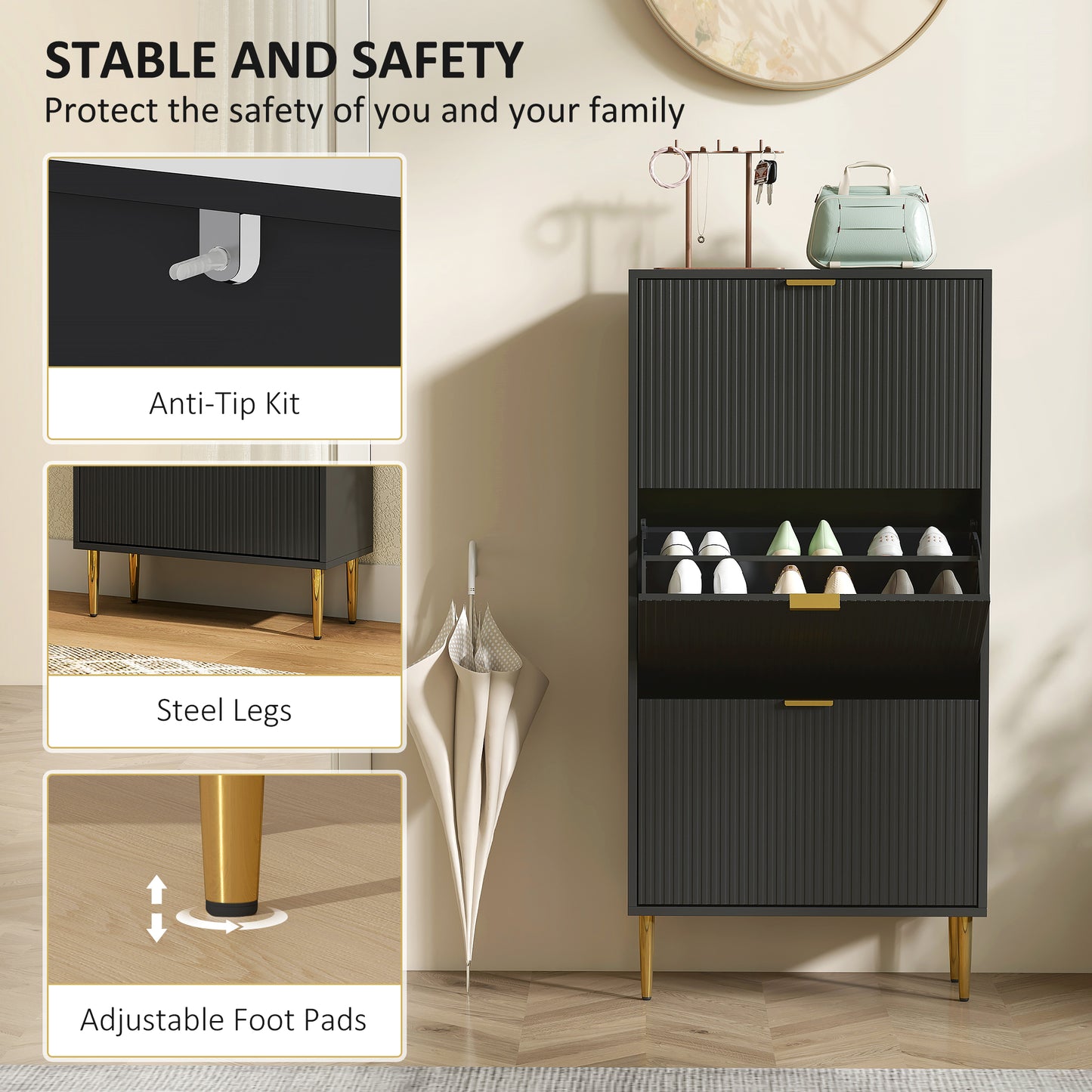 Slim Shoe Storage Cabinet with 3 Flip Drawers for Hallway, Black