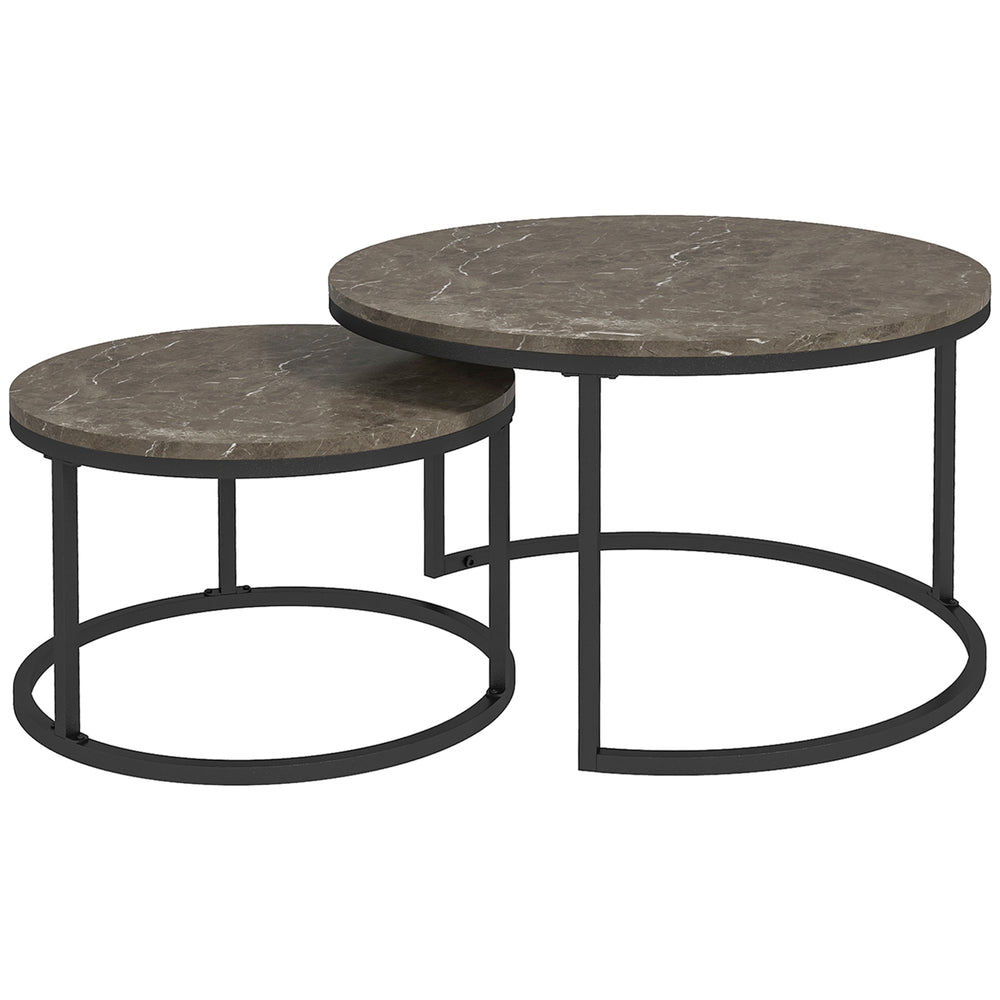 Industrial Nesting Coffee Table Set of 2, Round Coffee Tables, Living Room Table with Faux Marbled Top and Steel Frame