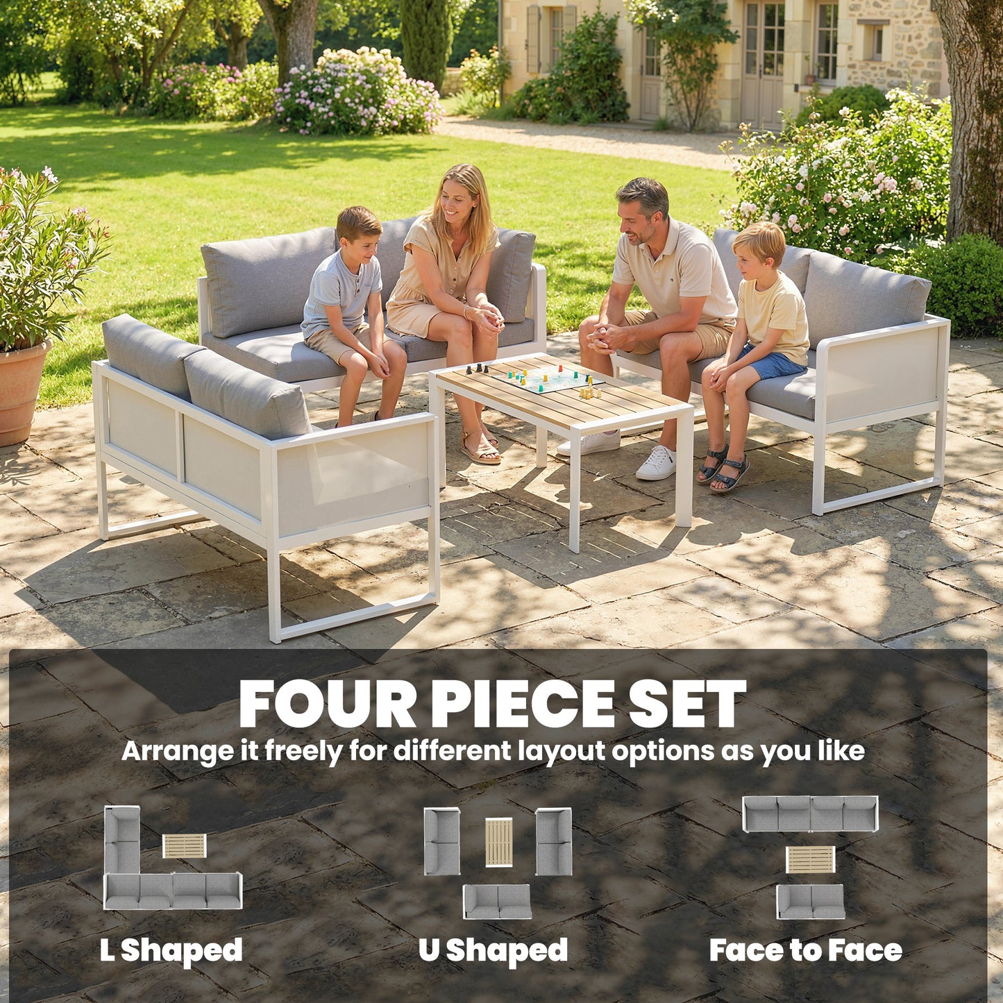 6 Seater Metal Garden Furniture Corner Sofa Set, White