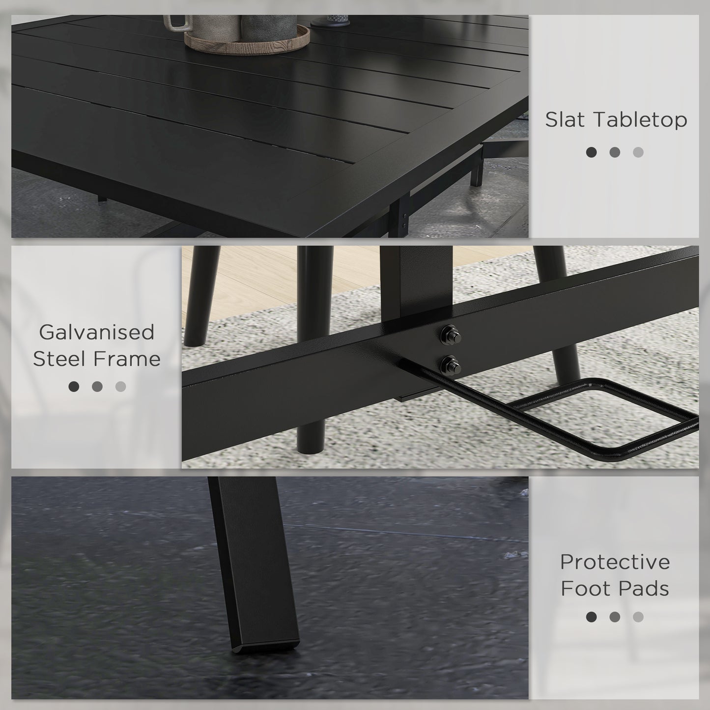 Rectangle Garden Dining Table with Parasol Hole, Patio Table with Steel Frame and Slat Tabletop, 150cm x 90cm, Black
