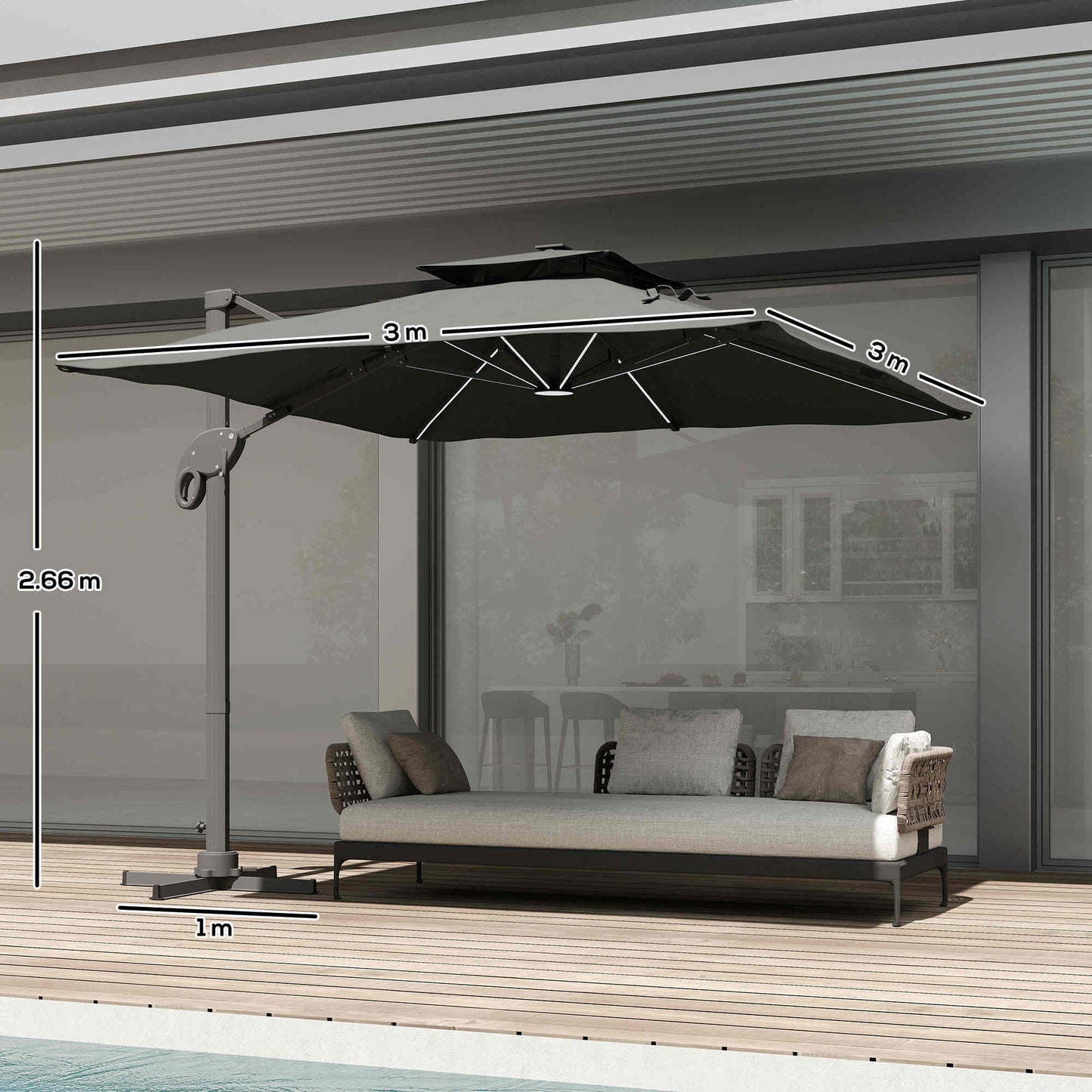 3 x 3(m) Cantilever Umbrella Power Bank Solar Cold Light Dark Grey