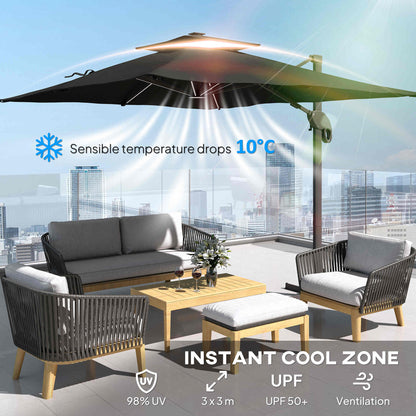 3 x 3(m) Cantilever Umbrella Power Bank Solar Cold Light Dark Grey
