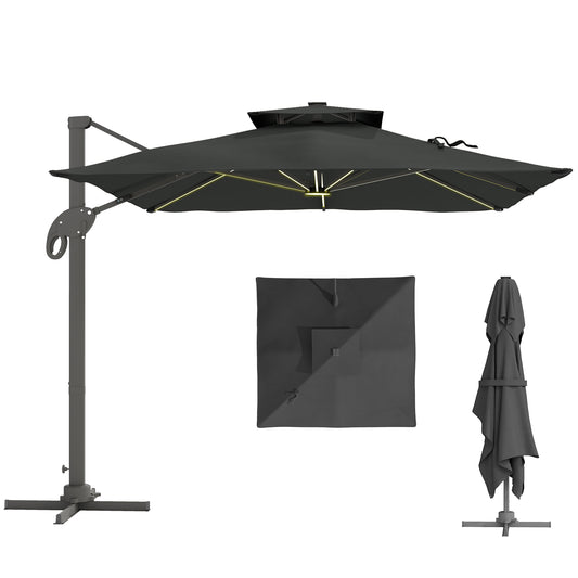 3 x 3(m) Cantilever Umbrella Power Bank Solar Cold Light Dark Grey