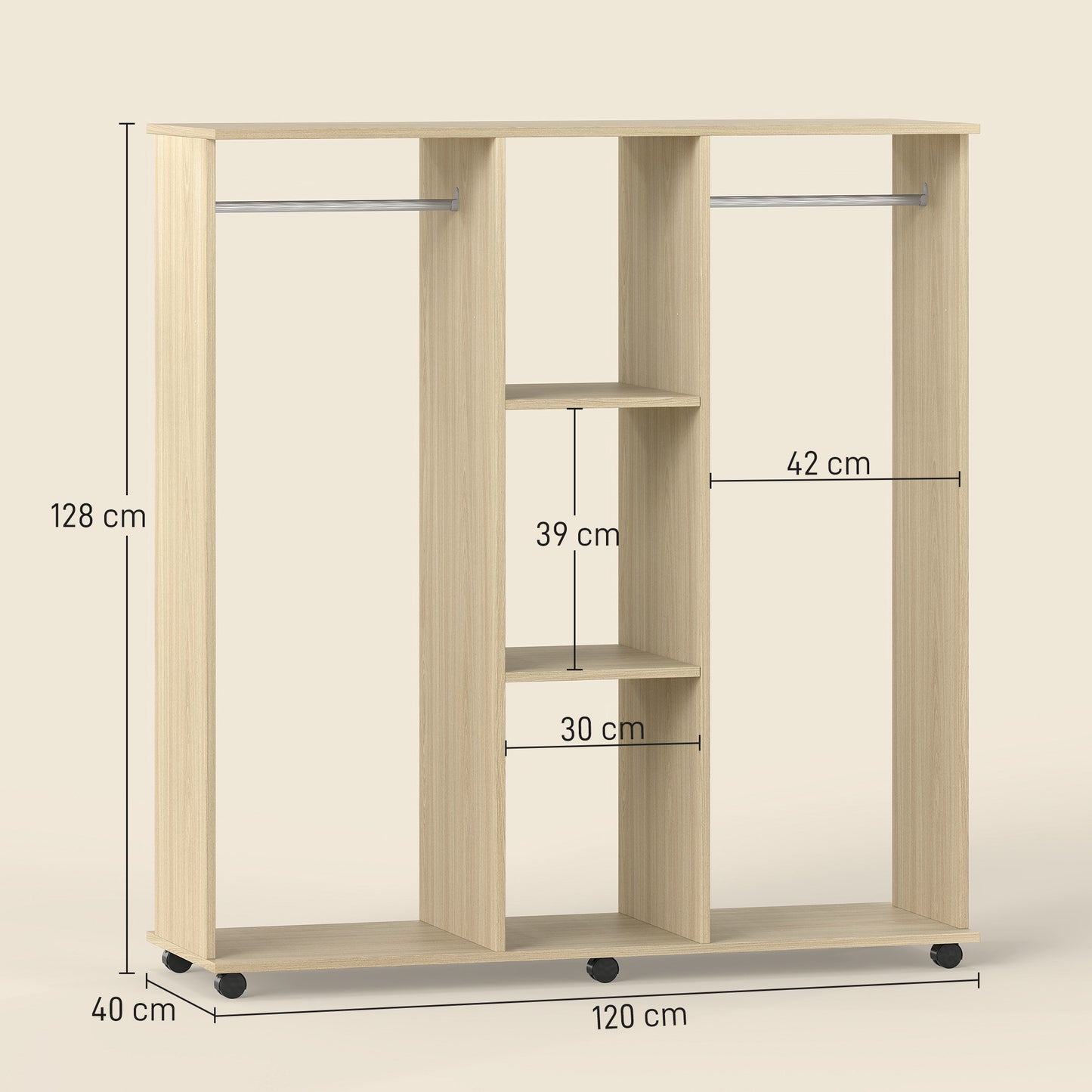 Mobile Double Open Wardrobe w/ Clothes Hanging Rail Colthing Natural