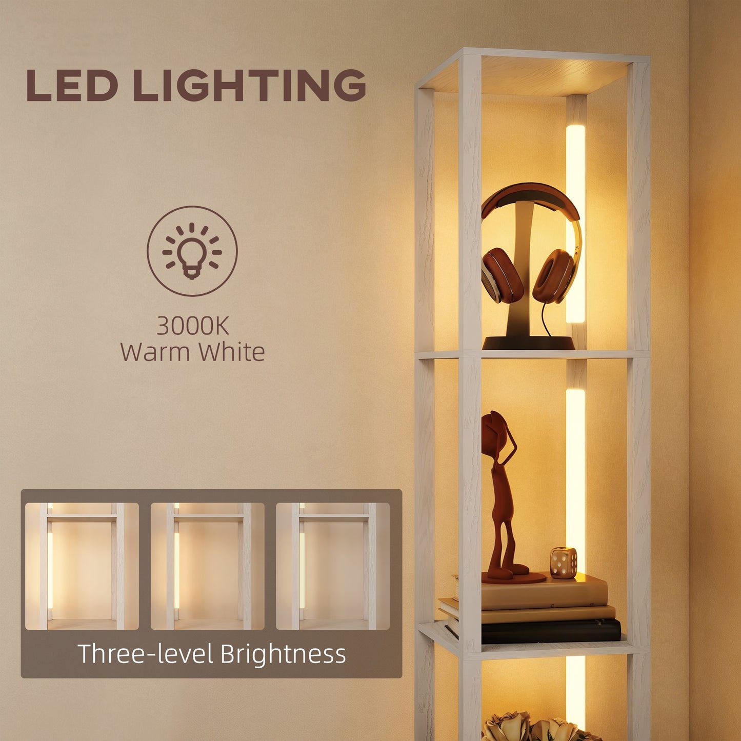 Floor Lamp with Shelves, LED Standing Lamp with Fabric Drawer, White