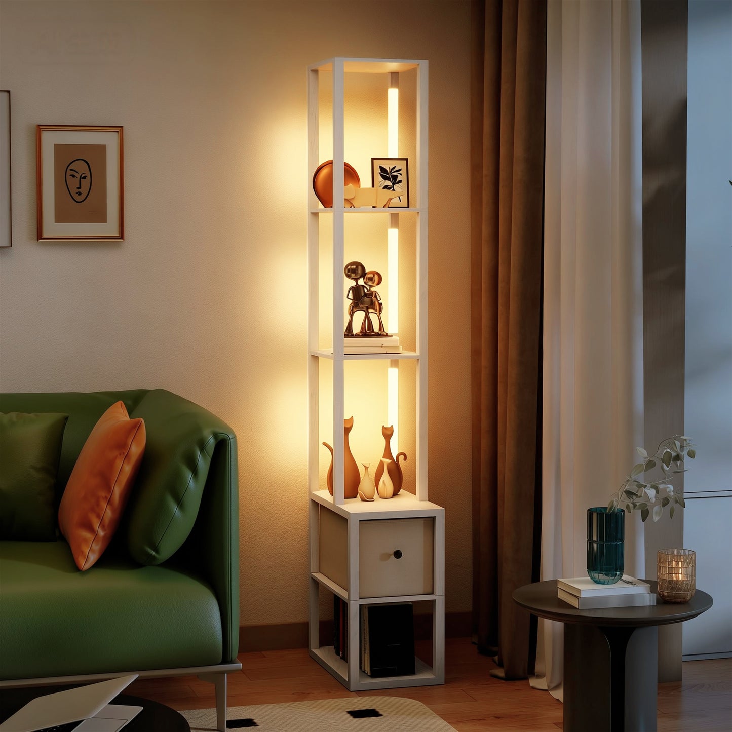 Floor Lamp with Shelves, LED Standing Lamp with Fabric Drawer, White