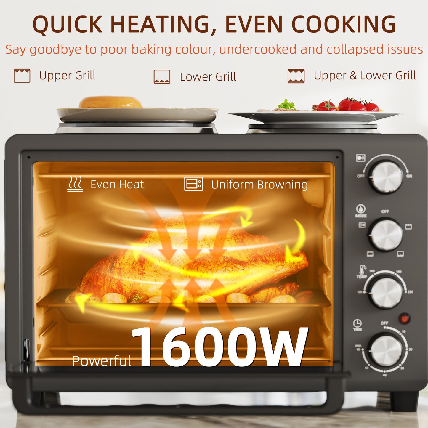 28L Countertop Toaster Oven with 2 Hot Plates, Grill, Roast, Bake