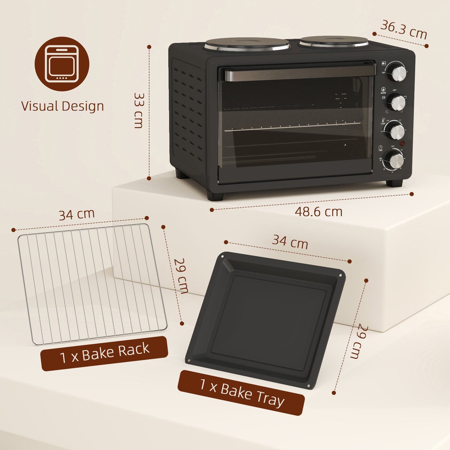 28L Countertop Toaster Oven with 2 Hot Plates, Grill, Roast, Bake