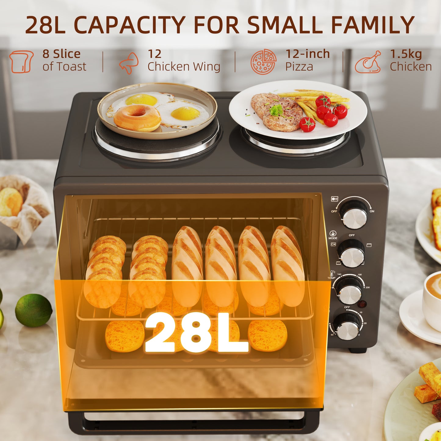 28L Countertop Toaster Oven with 2 Hot Plates, Grill, Roast, Bake