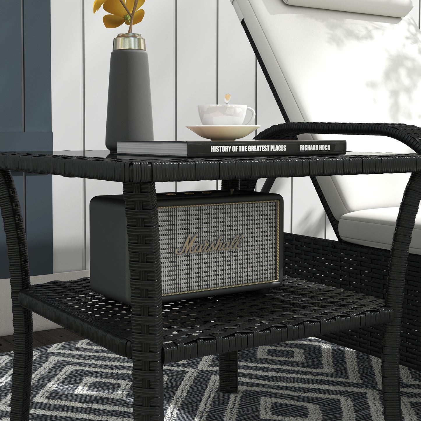 PE Rattan Coffee Table, Two-tier Side Table with Glass Top, Black