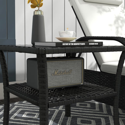 PE Rattan Coffee Table, Two-tier Side Table with Glass Top, Black