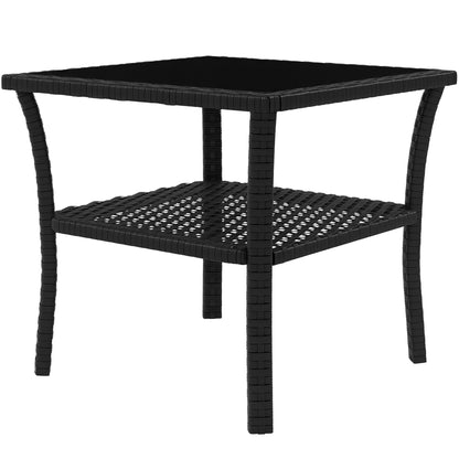 PE Rattan Coffee Table, Two-tier Side Table with Glass Top, Black