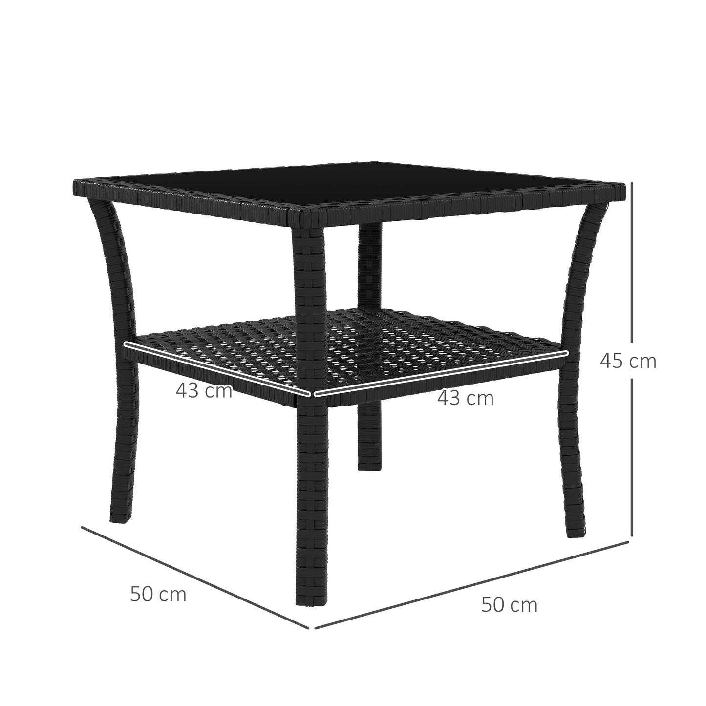 PE Rattan Coffee Table, Two-tier Side Table with Glass Top, Black