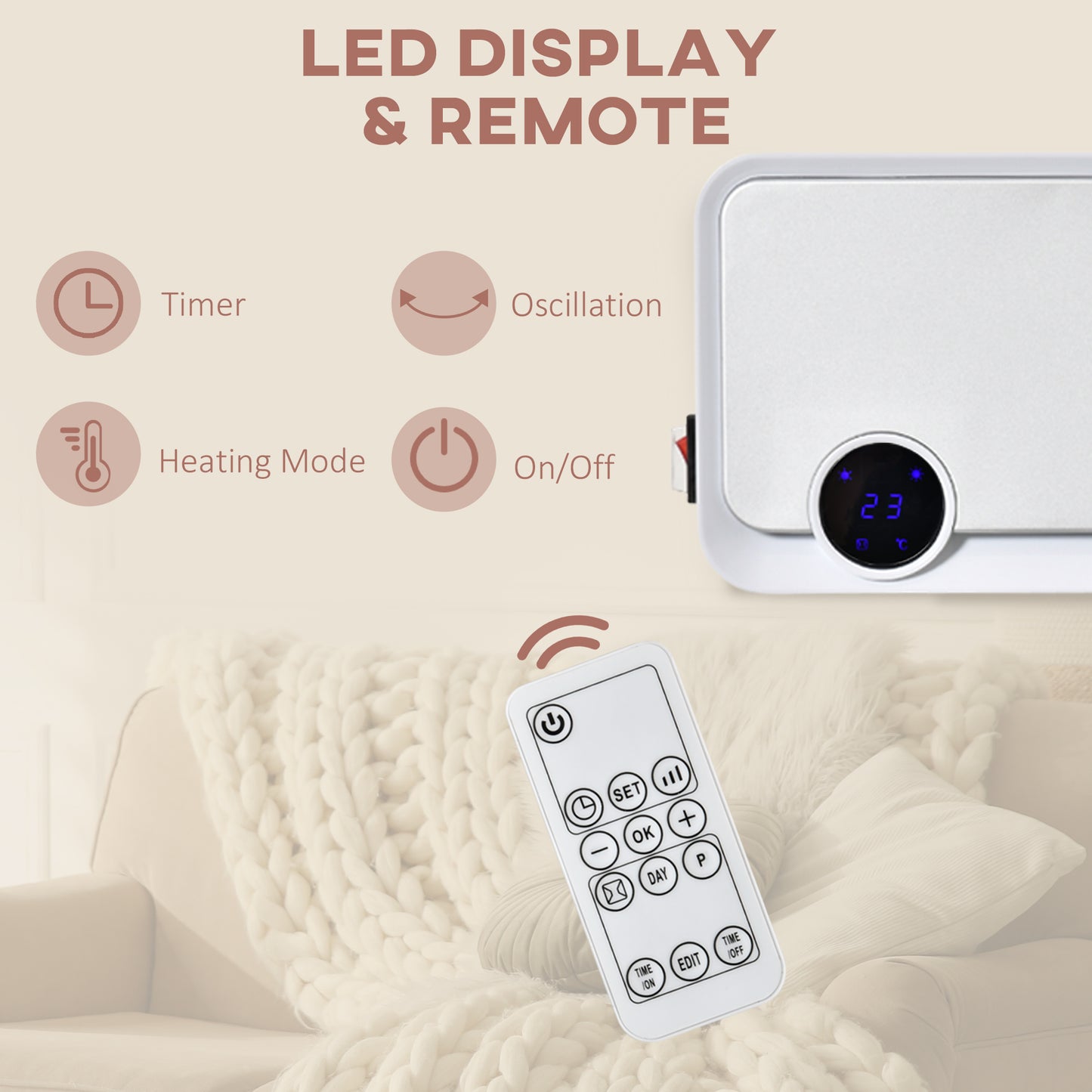 1000W/2000W Wall Downflow Heater Adjustable Temperature w/ Timer