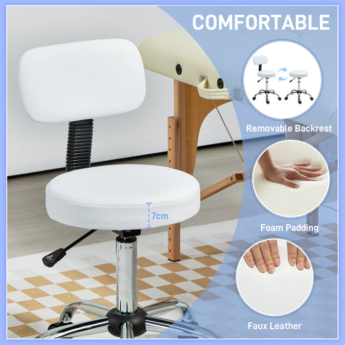 Rolling Stool with Backrest, Wheels, Faux Leather Salon Chair, White