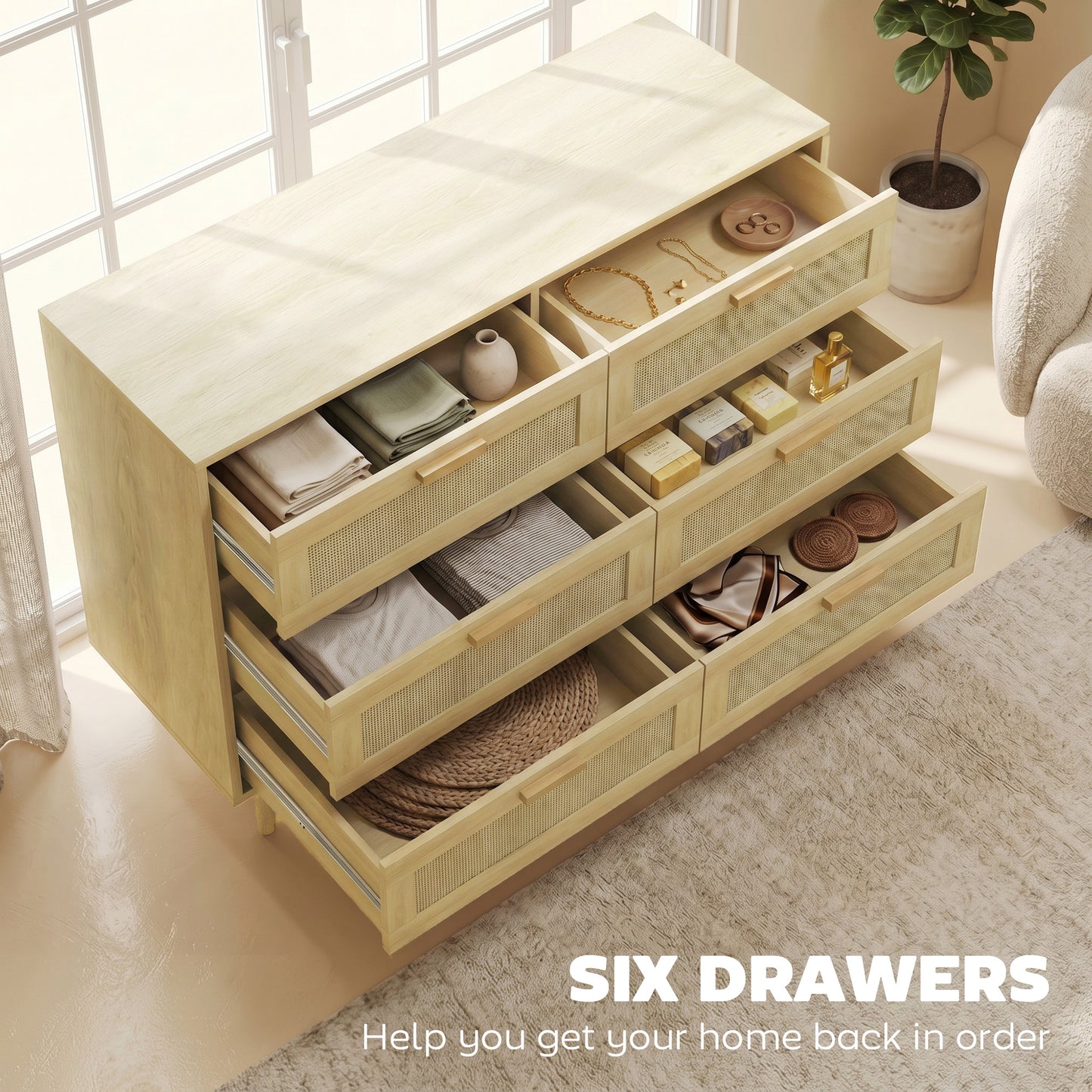 Chest of Drawers, 6 Drawer Dresser, Bohemian Storage Cabinet with Rattan Element for Bedroom, Living Room, Oak