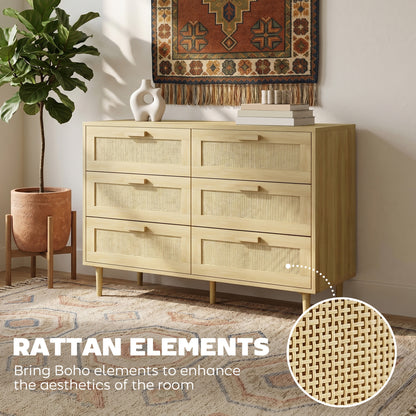 Chest of Drawers, 6 Drawer Dresser, Bohemian Storage Cabinet with Rattan Element for Bedroom, Living Room, Oak