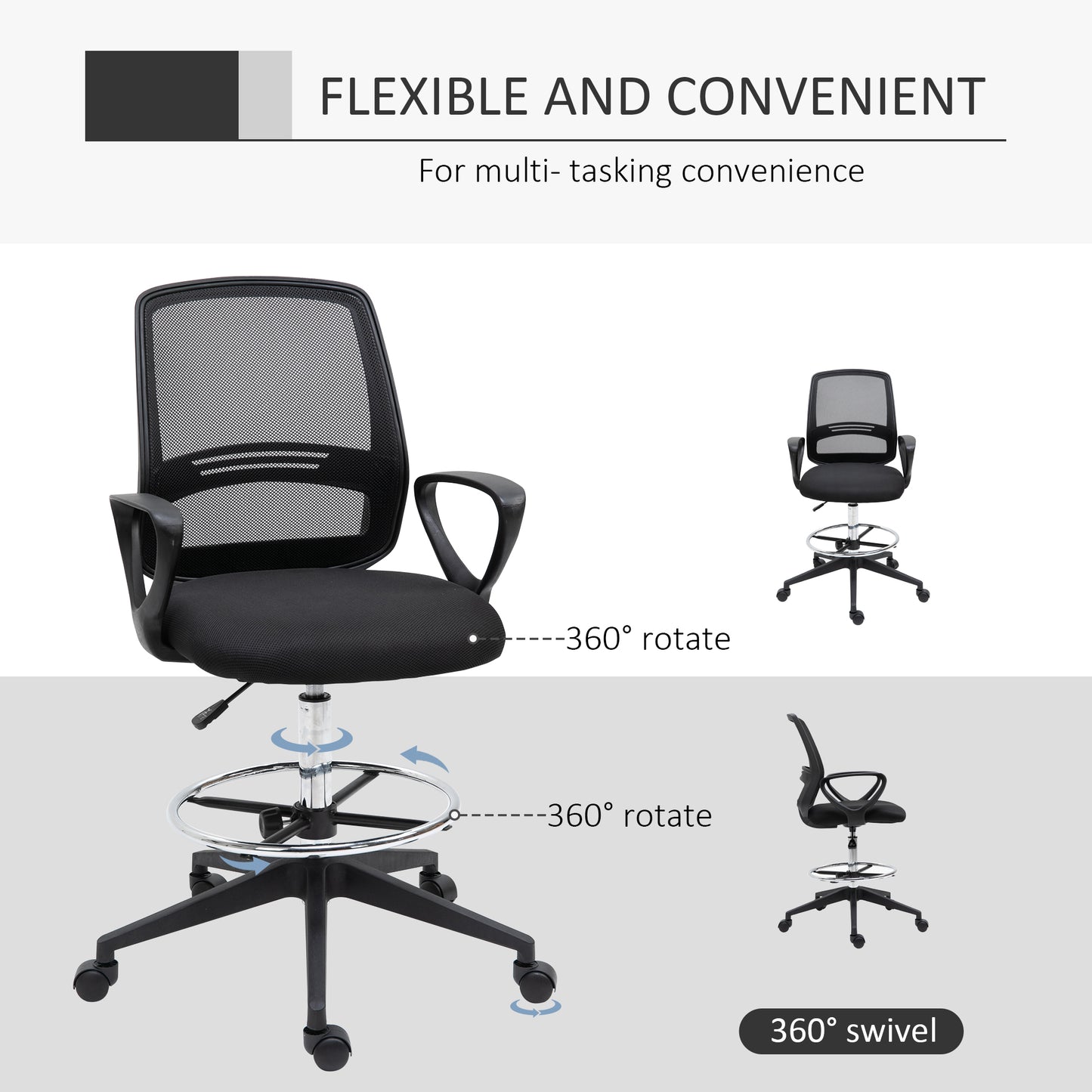 Vinsetto Ergonomic Mesh Back Draughtsman Chairs Tall Office Chair with Adjustable Height and Footrest 360¬¨‚àû Swivel