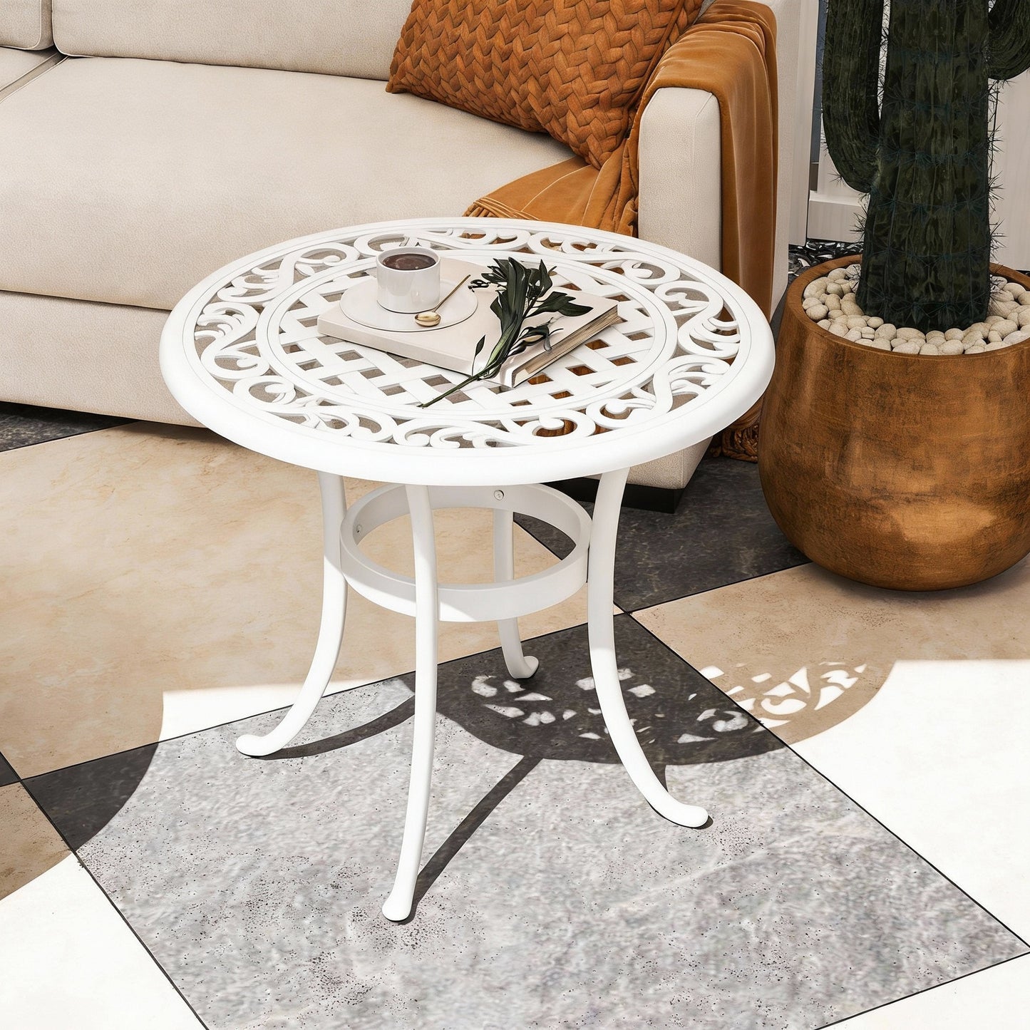 60cm Round Garden Table with Cast Aluminium Frame, White