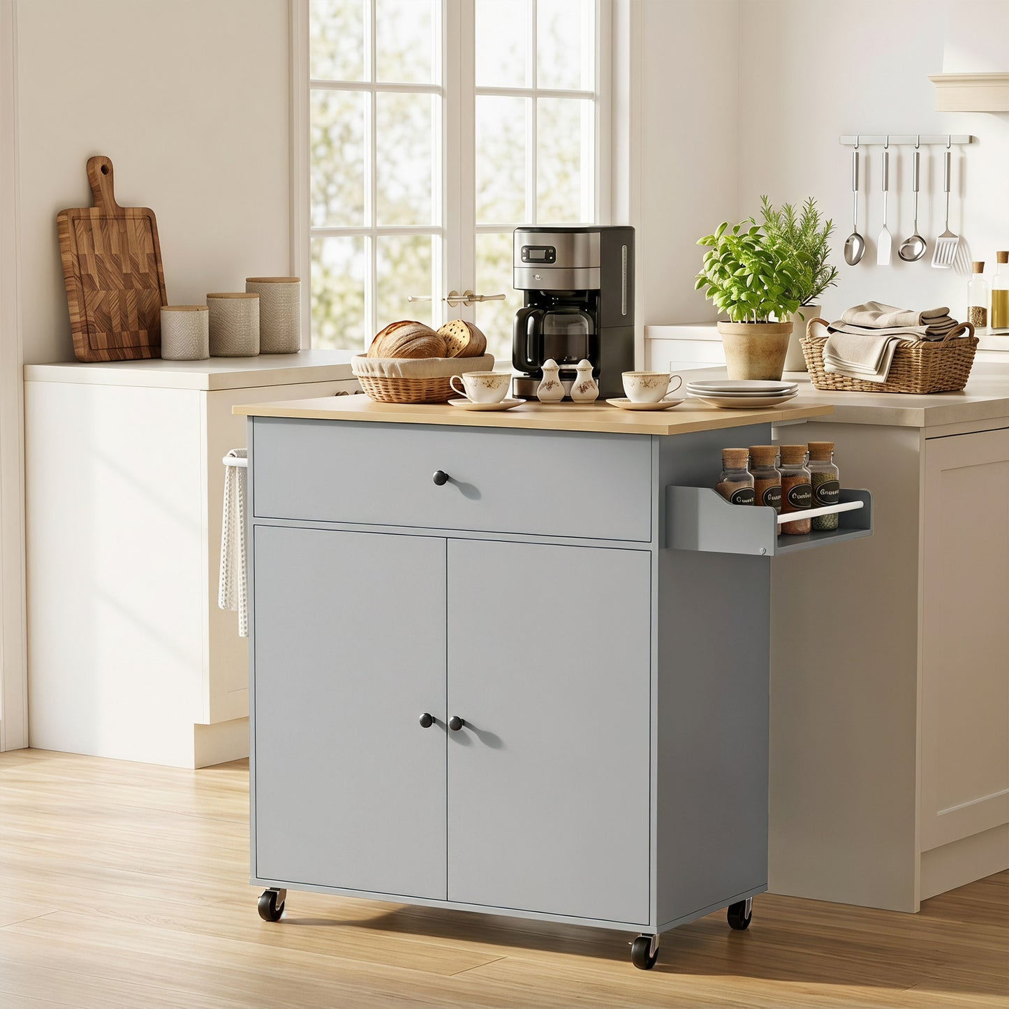 Kitchen Island with Drop Leaf, Rolling Kitchen Storage Trolley, Grey