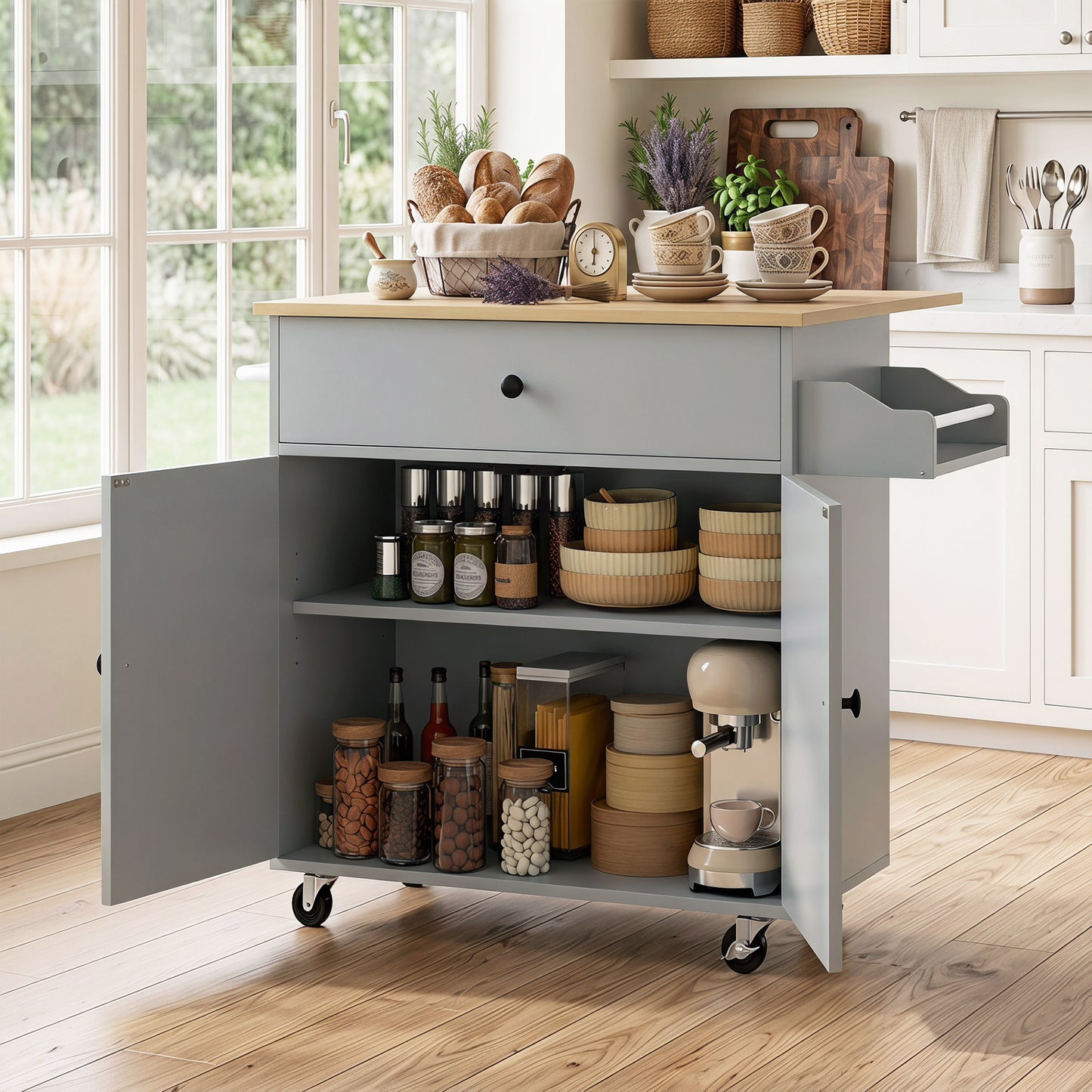 Kitchen Island with Drop Leaf, Rolling Kitchen Storage Trolley, Grey