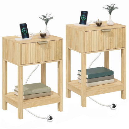 Set of 2 Fluted Bedside Tables with USB-C Charging Stations - Oak Effect
