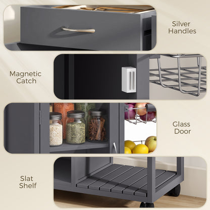 Bamboo Kitchen Island with Glass Door, 2 Metal Wire Baskets, Grey