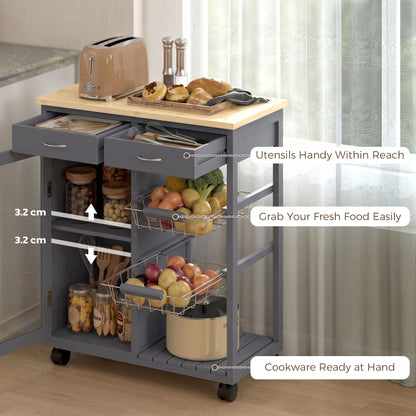 Bamboo Kitchen Island with Glass Door, 2 Metal Wire Baskets, Grey