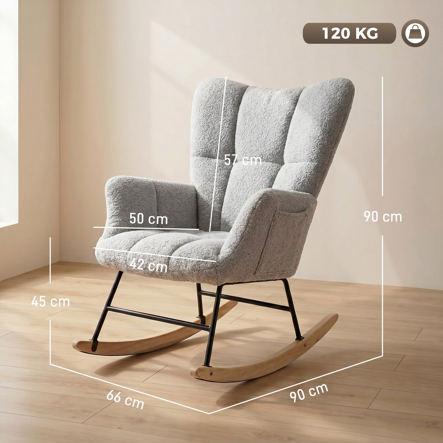 Tufted Rocking Chair with Side Pockets, Light Grey