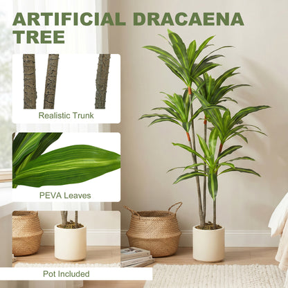 150cm Artificial Dracaena Tree, Decorative Artificial Plants with Bendable Trunks and White Planter for Living Room Bedroom Home Office Decor, Green