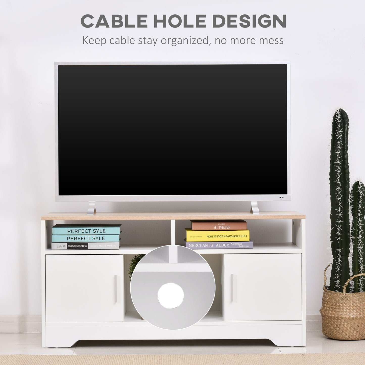TV Stand for TVs up to 42 Inches with Cabinets, Shelves and Wide Tabletop for Living Room, Bedroom, Dining Room, White and Wood Color