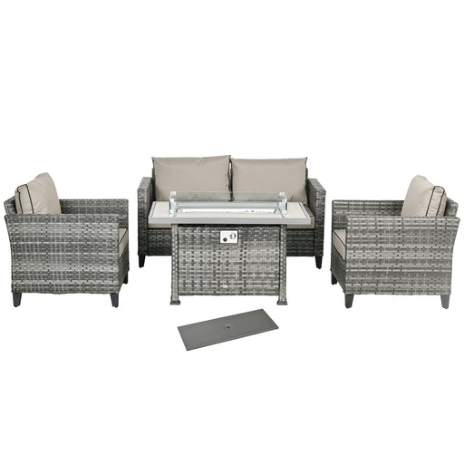 5-Piece Rattan Patio Furniture Set with Gas Fire Pit Table, Loveseat Sofa, Armchairs, Cushions, Pillows, Grey