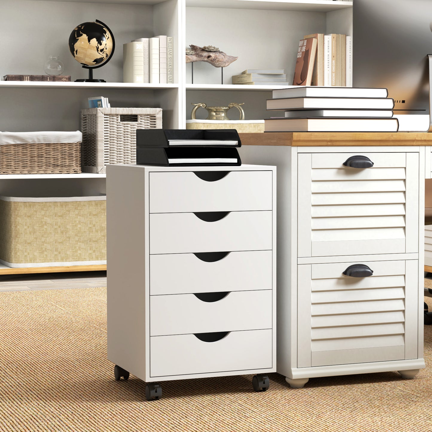 Mobile Vertical Filing Cabinet with 5 Drawers for Home Office, White