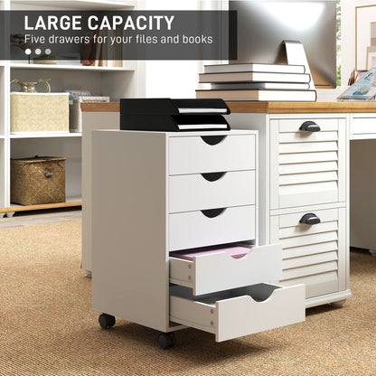 Mobile Vertical Filing Cabinet with 5 Drawers for Home Office, White