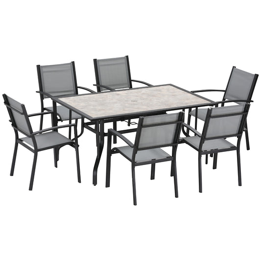 7 Piece Garden Dining Set, Armchairs and Table with Parasol Hole, 6 Seater Outdoor Patio Furniture with Texteline Seat for Backyard, Grey