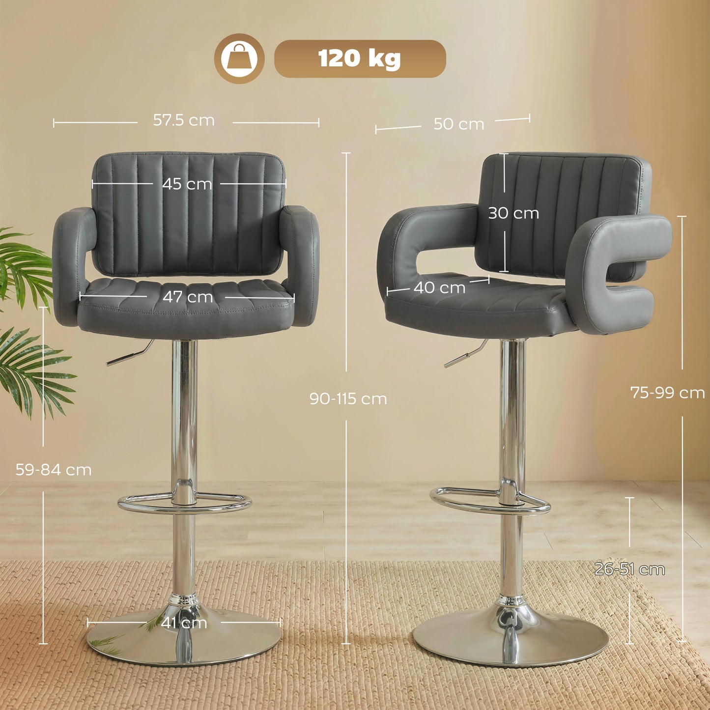 Bar Stools Adjustable Swivel with Armrest Set of 2 Grey