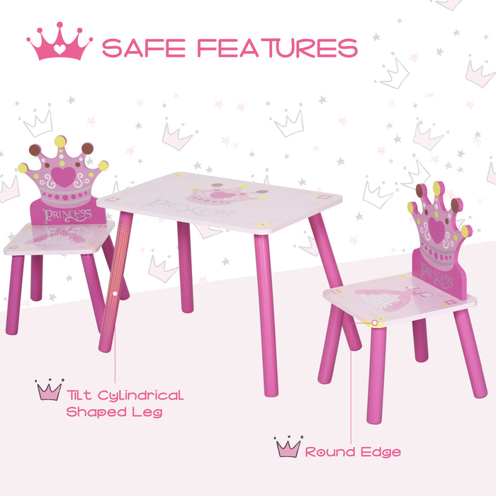 3-Piece Set Kids Wooden Table Chair with Crown Pattern Easy to Clean Gift for Girls Toddlers Age 3 to 8 Years Old Pink