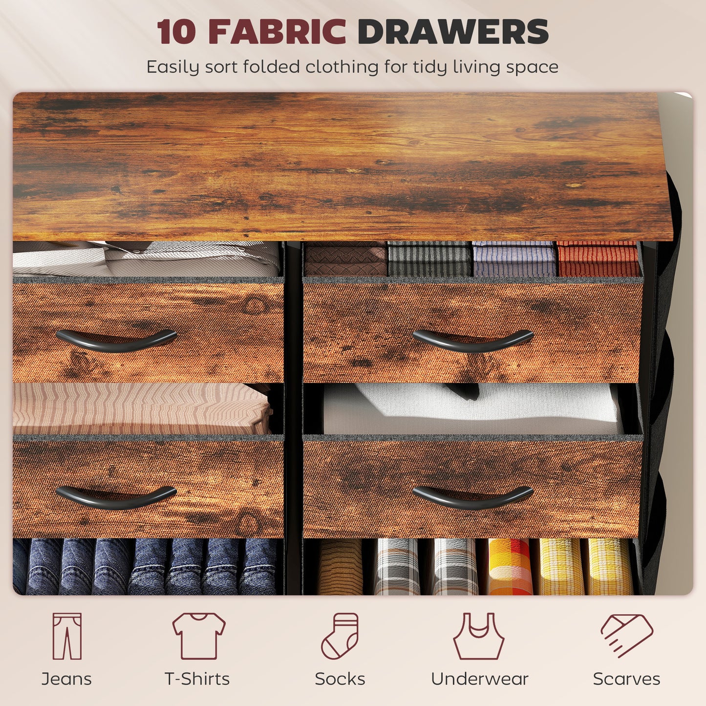 Fabric Chest of Drawers, 10 Drawer Dresser for Bedroom, Rustic Brown