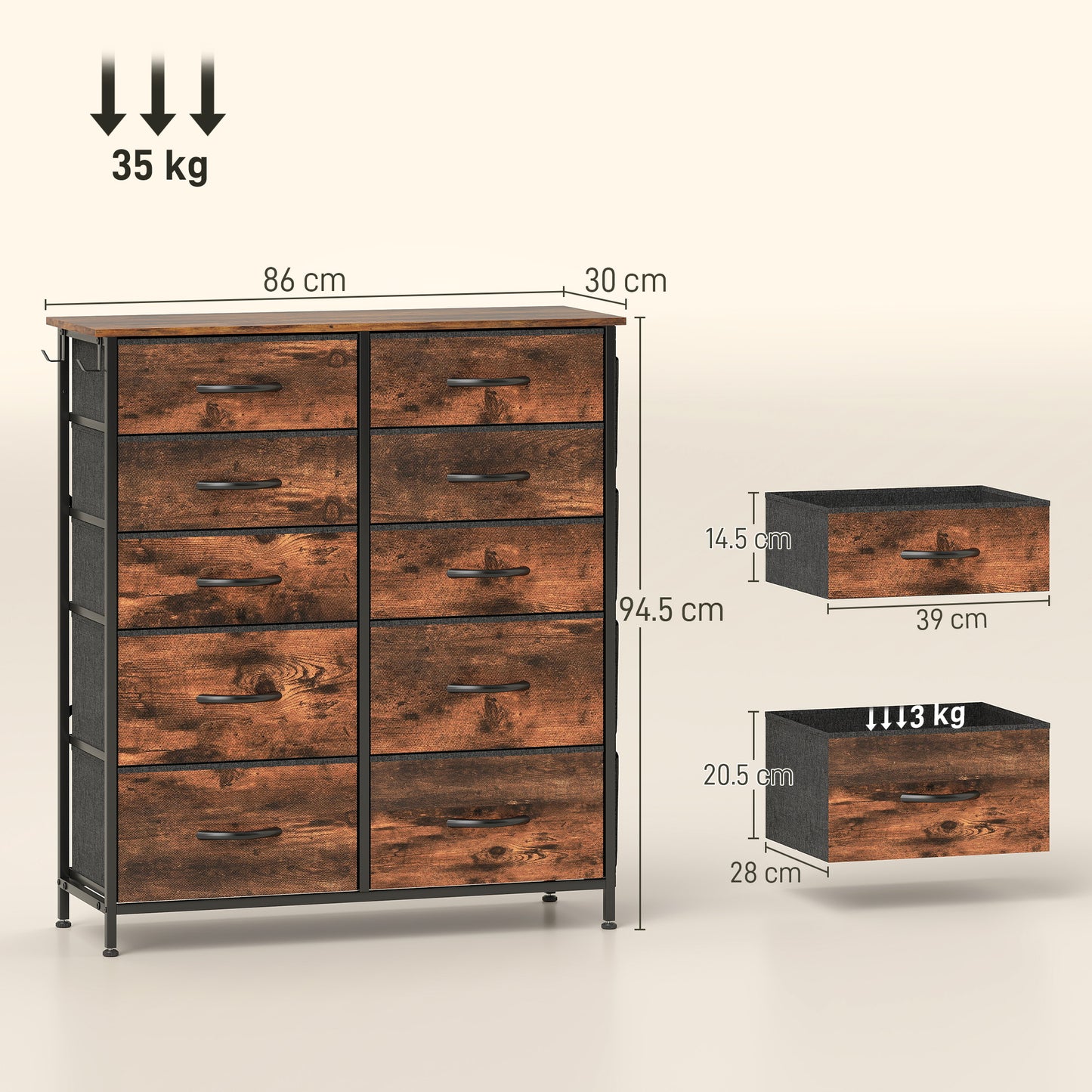 Fabric Chest of Drawers, 10 Drawer Dresser for Bedroom, Rustic Brown