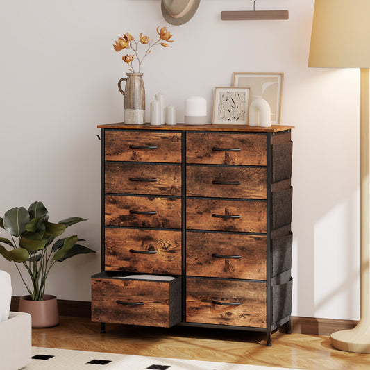 Fabric Chest of Drawers, 10 Drawer Dresser for Bedroom, Rustic Brown