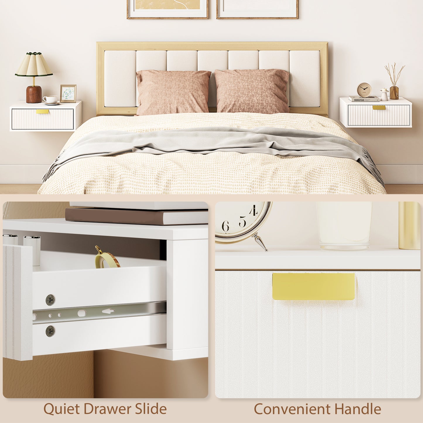 Floating Nightstands Set of 2 Bedside Tables w/ Wave Drawer White