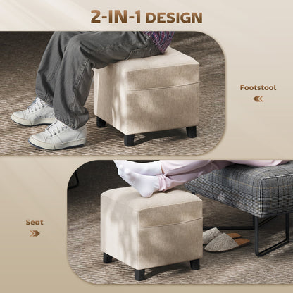 Square Footstool, Small Ottoman with Side Pocket, Linen-look Fabric Footrest Foot Stool with Rubber Wood Legs and Padded Seat for Living Room, Bedroom, Entryway, 35 x 35 x 35cm, Beige