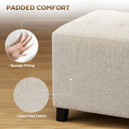 Square Footstool, Small Ottoman with Side Pocket, Linen-look Fabric Footrest Foot Stool with Rubber Wood Legs and Padded Seat for Living Room, Bedroom, Entryway, 35 x 35 x 35cm, Beige