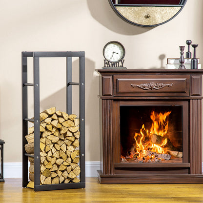 Metal Firewood Log Holder Tall Firewood Rack Indoor Outdoor Fireplace Wood Storage Shelf with Side Rails, Rust-Resistant, Black, 40W x 25D x 100H cm
