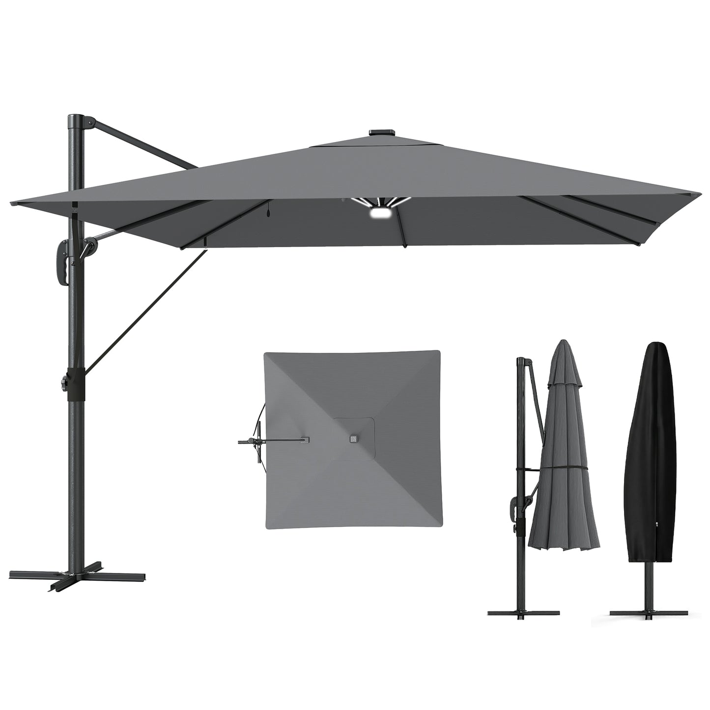 3 x 3 m Garden Cantilever Parasol w/ Light, Cover, Wind Protection
