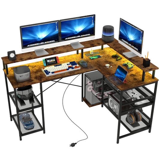 L Shaped Gaming Desk w/ LED Lights and Power Outlets for Small Space
