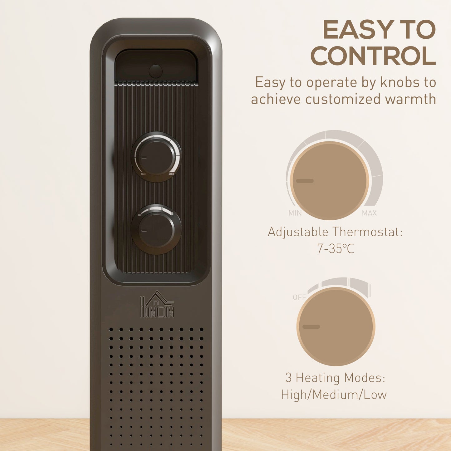 Oil Filled Radiator Portable Heater W/ 7 Fin, 3 Heat Settings Grey