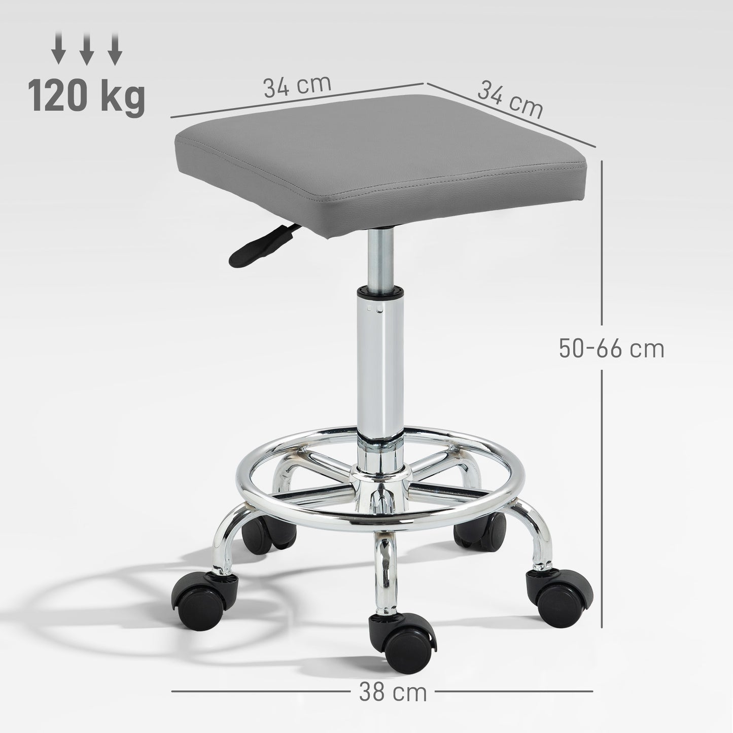 PU Leather Rolling Stool, Height Adjustable Salon Chair, Grey