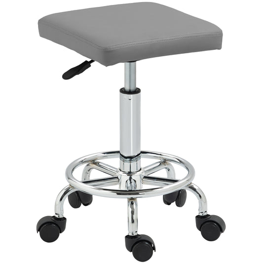 PU Leather Rolling Stool, Height Adjustable Salon Chair, Grey