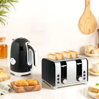 3000W 1.7L Kettle with Retro Thermometer, 4 Slice Toaster Set, Black